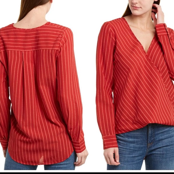 BCBGMaxAzria Tops - BCBGMAXAZRIA blouse wrap front Women's Red Striped long sleeve size small  Top